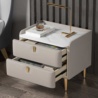 Table de nuit moderne en cuir, bois de pin et acier au carbone avec plateau rectangulaire et 2 tiroirs 