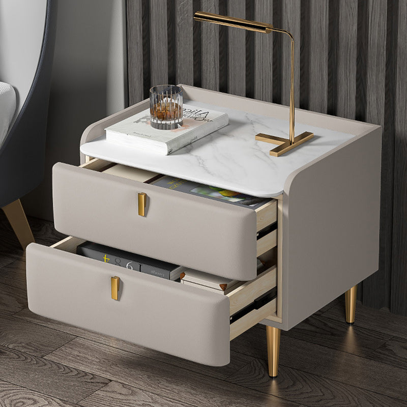 Table de nuit moderne en cuir, bois de pin et acier au carbone avec plateau rectangulaire et 2 tiroirs 