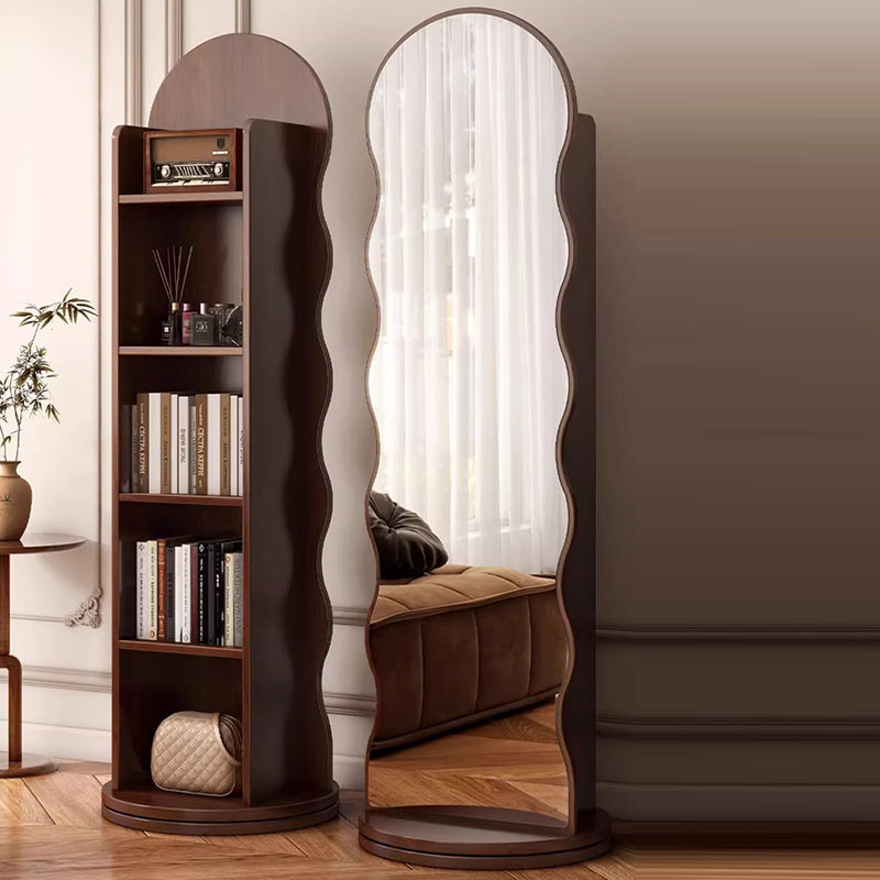 Contemporary Scandinavian Wavy Particle Wood Glass Full-Length Mirror Bookshelf 5-Tier For Bedroom