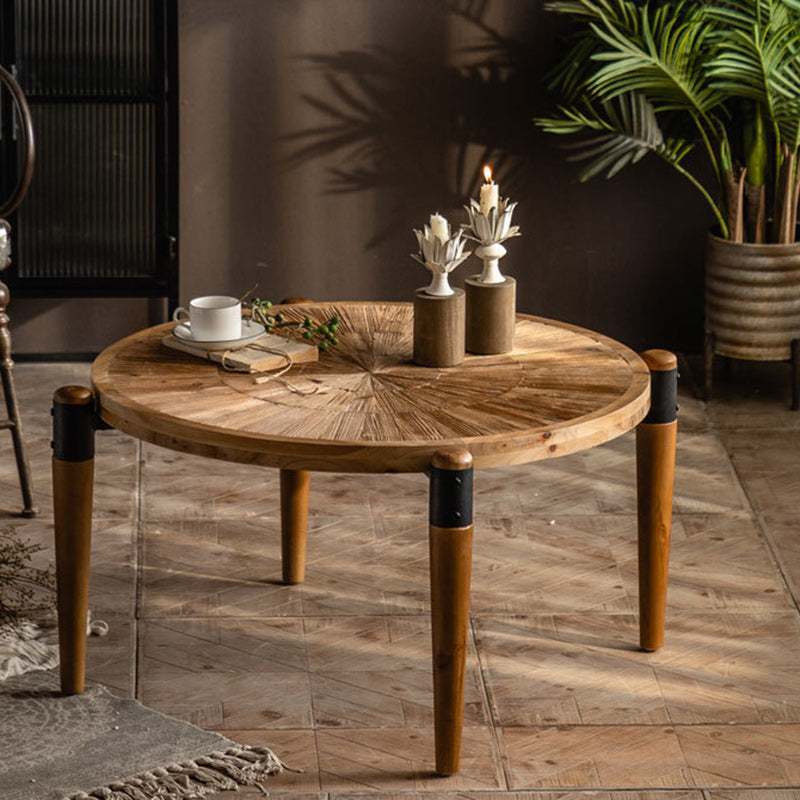 Table basse rustique traditionnelle ronde en bois de sapin et fer, 1 niveau, pour salon 