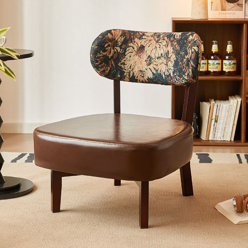 Traditional French Rectangular Cotton-Linen Fabric Oiled Leather Solid Wood Accent Chair Backrest Armless For Living Room
