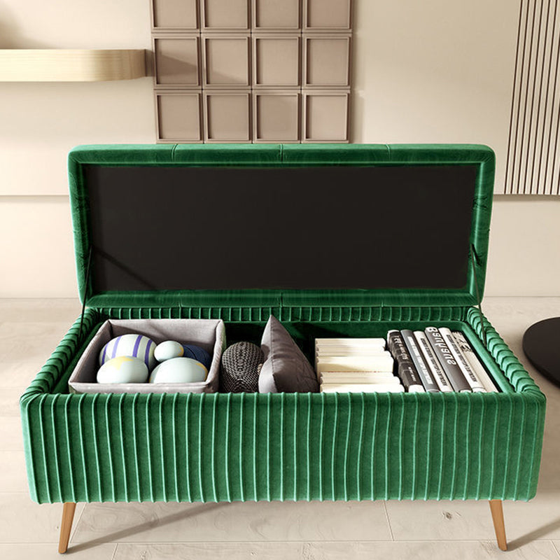 Banco moderno de lujo rectangular con estructura de madera maciza y espuma de terciopelo 1-almacenamiento para la entrada 