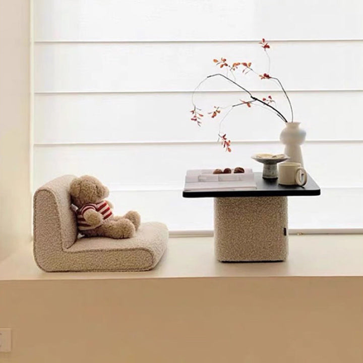 Conjunto de mesa de centro y sillas tatami cuadradas japonesas tradicionales de tela sherpa blanca y madera de pino Toon para sala de estar 