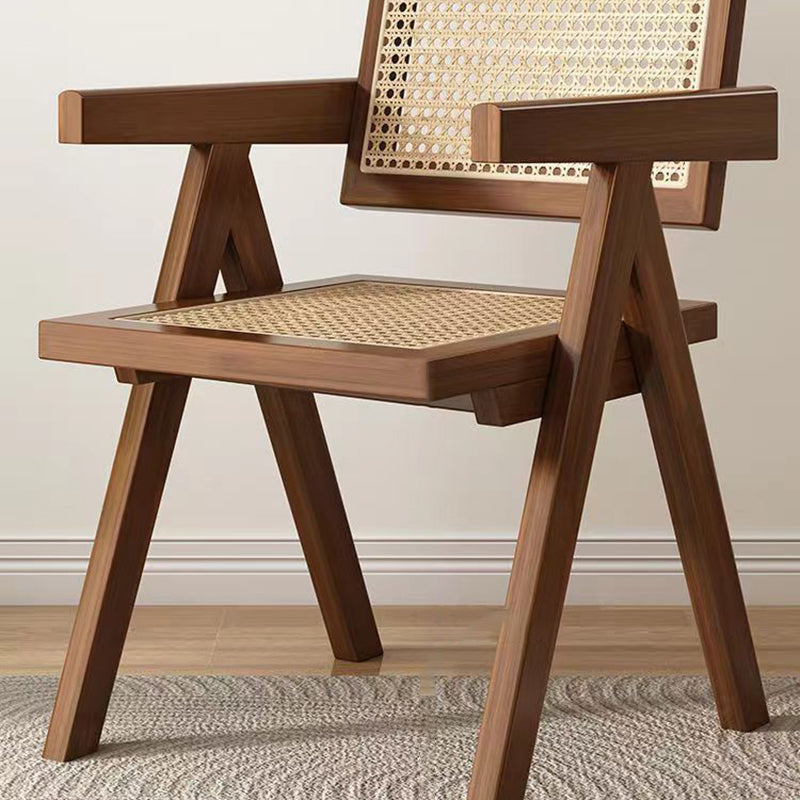 Traditional Rustic Rectangular Triangular Rattan Solid Wood Dining Chair Backrest Armrest For Dining Room