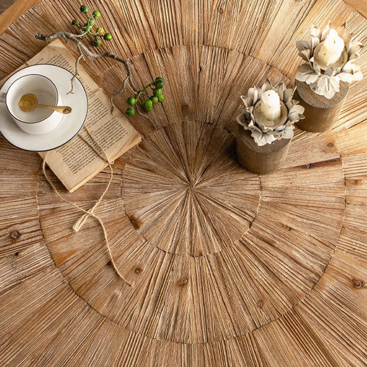 Table basse rustique traditionnelle ronde en bois de sapin et fer, 1 niveau, pour salon 