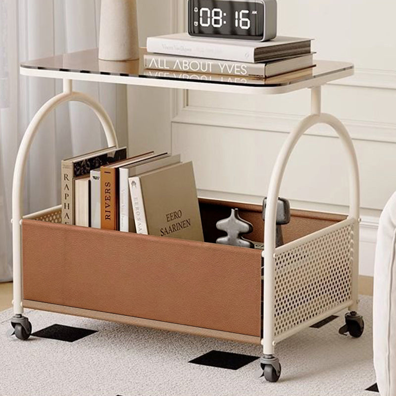 Table basse rectangulaire minimaliste moderne en fer, similicuir, verre amovible avec 1 rangement pour salon 
