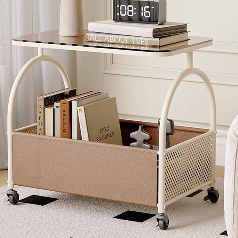 Modern Minimalist Rectangular Iron Faux Leather Glass Removable Coffee Table 1-Storage For Living Room