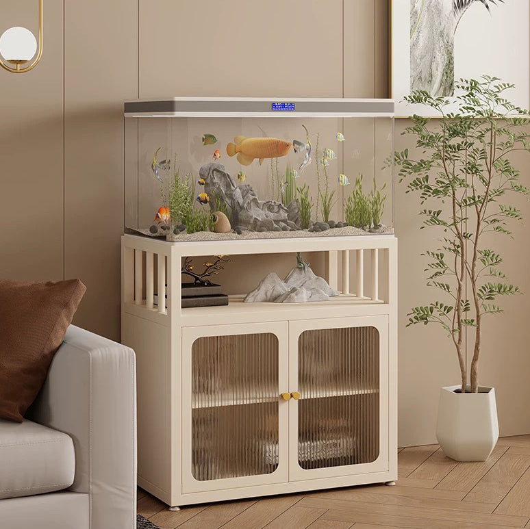 Traditional Chinese Square Carbon Steel Tempered Glass PE Rattan Side Table 1-Cabinet 1-Tier For Living Room