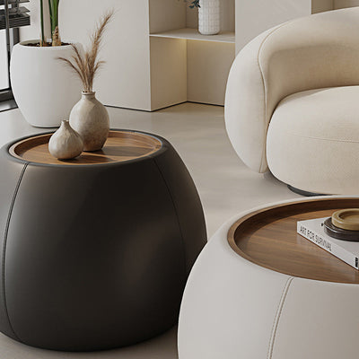 Contemporary Nordic Round Cylinder Walnut Wood Microfiber Leather Coffee Table 1-Storage For Living Room