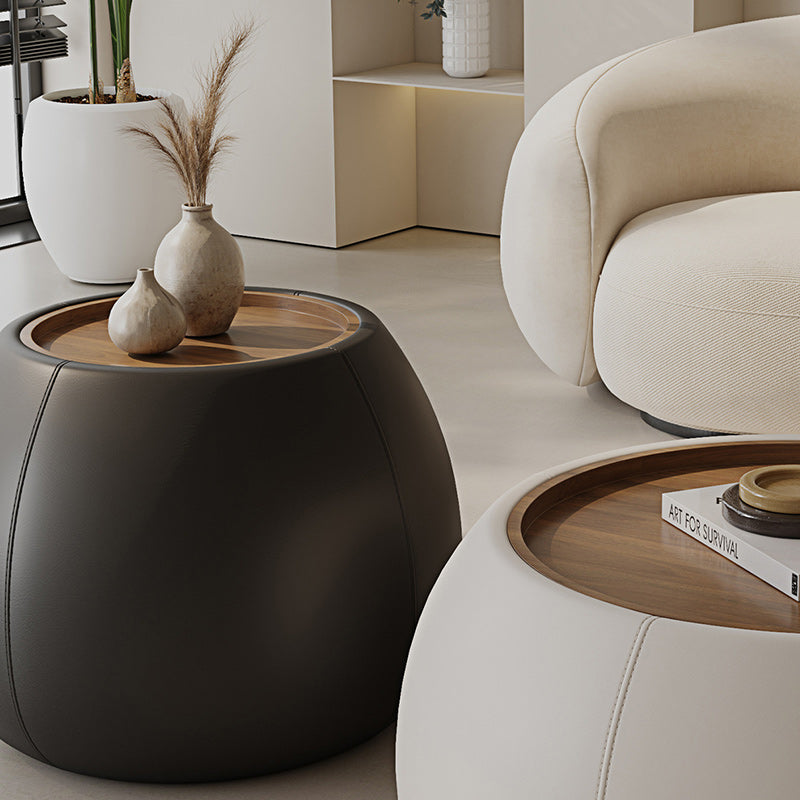 Contemporary Nordic Round Cylinder Walnut Wood Microfiber Leather Coffee Table 1-Storage For Living Room