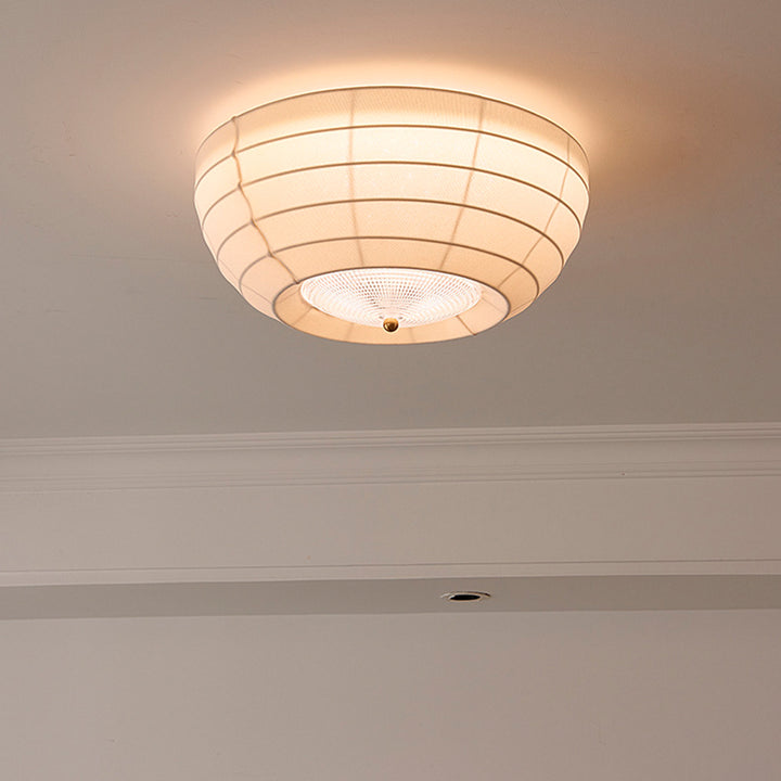 Traditional Japanese Round Hardware Fabric Crystal LED Flush Mount Ceiling Light For Bedroom
