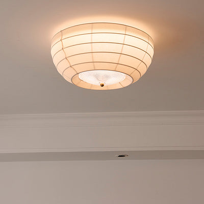 Traditional Japanese Round Hardware Fabric Crystal LED Flush Mount Ceiling Light For Bedroom
