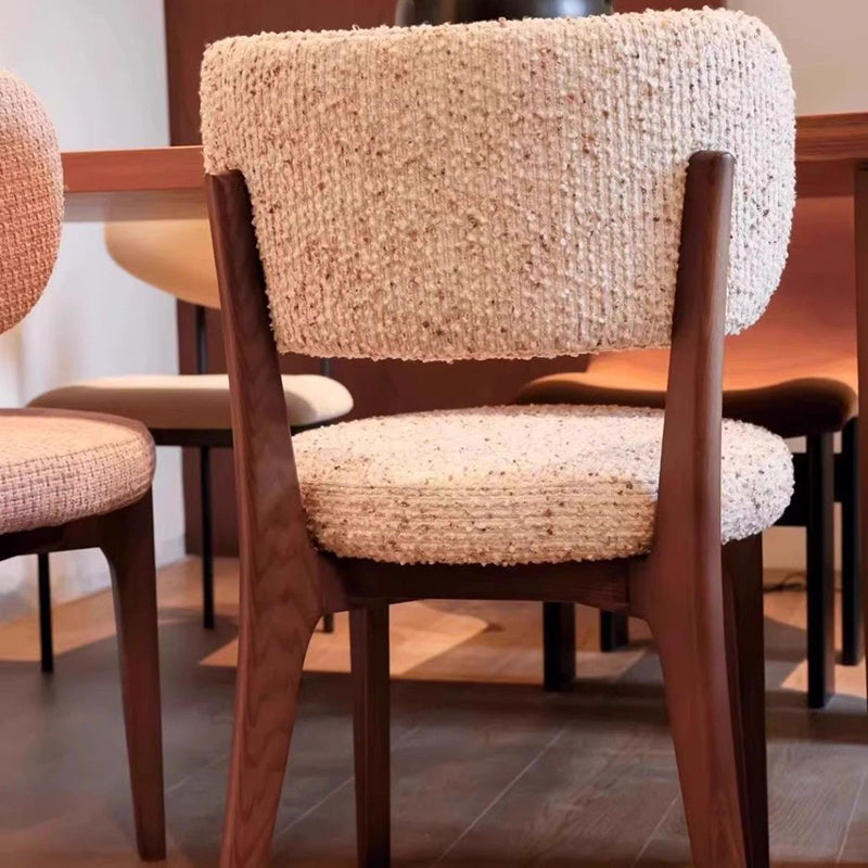 Modern Minimalist Curved Loop Pile Fabric Solid Wood Dining Chair Backrest Armless For Dining Room