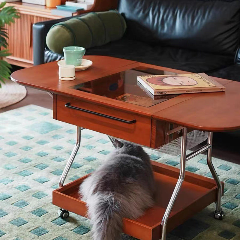 Mesa de café rectangular contemporánea retro de madera, vidrio y metal con 3 almacenamientos para la sala de estar 