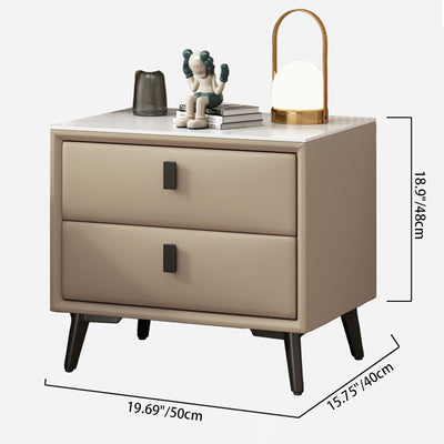 Modern Minimalist Rectangular Stone Slab Cat's Paw Leather Solid Wood Carbon Steel Nightstand 2 -Drawer For Bedroom