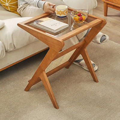 Contemporary Scandinavian Square Rubberwood Solid Wood Glass Side Table For Living Room