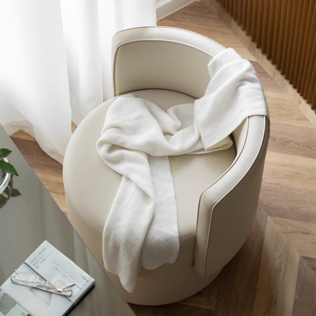 Moderner minimalistischer drehbarer zylindrischer Hocker aus Mikrofaserleder, Aluminiumlegierung und Holz, Rückenlehne ohne Armlehnen für das Schlafzimmer 