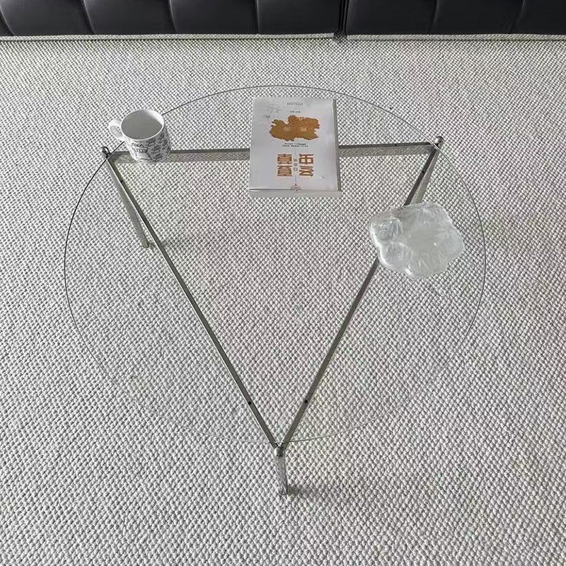 Modern Minimalist Round Triangle Tempered Glass Stainless Steel Coffee Table 1-Tier For Living Room