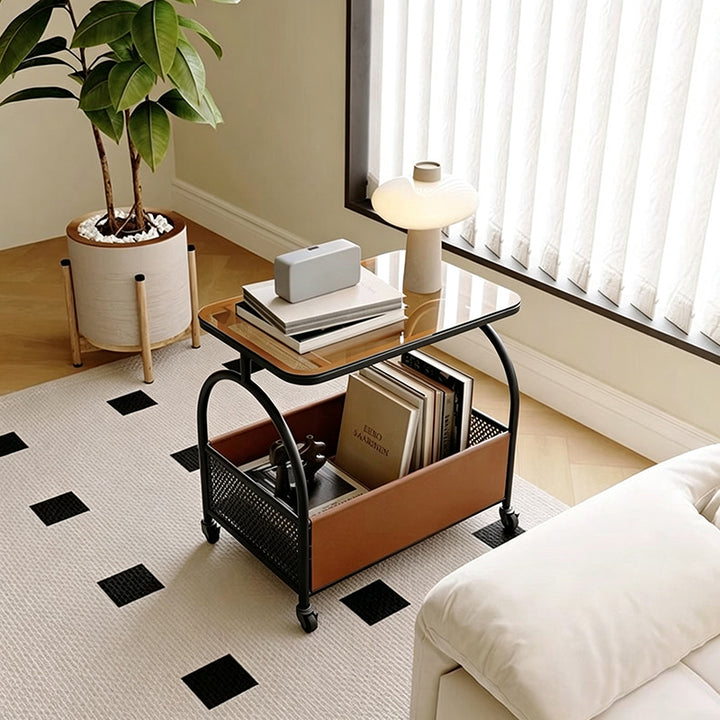 Table basse rectangulaire minimaliste moderne en fer, similicuir, verre amovible avec 1 rangement pour salon 