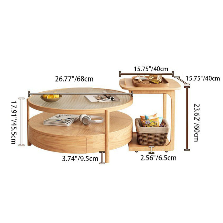 Zeitgenössischer japanischer quadratischer runder Glas-Holz-Beistelltisch 2-stufig für das Wohnzimmer 