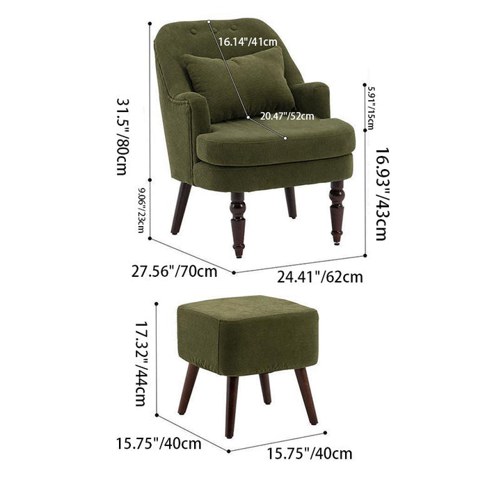 Chaise d'appoint traditionnelle vintage en velours côtelé carré avec dossier et accoudoirs en bois de caoutchouc pour salon 