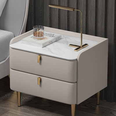 Table de nuit moderne en cuir, bois de pin et acier au carbone avec plateau rectangulaire et 2 tiroirs 
