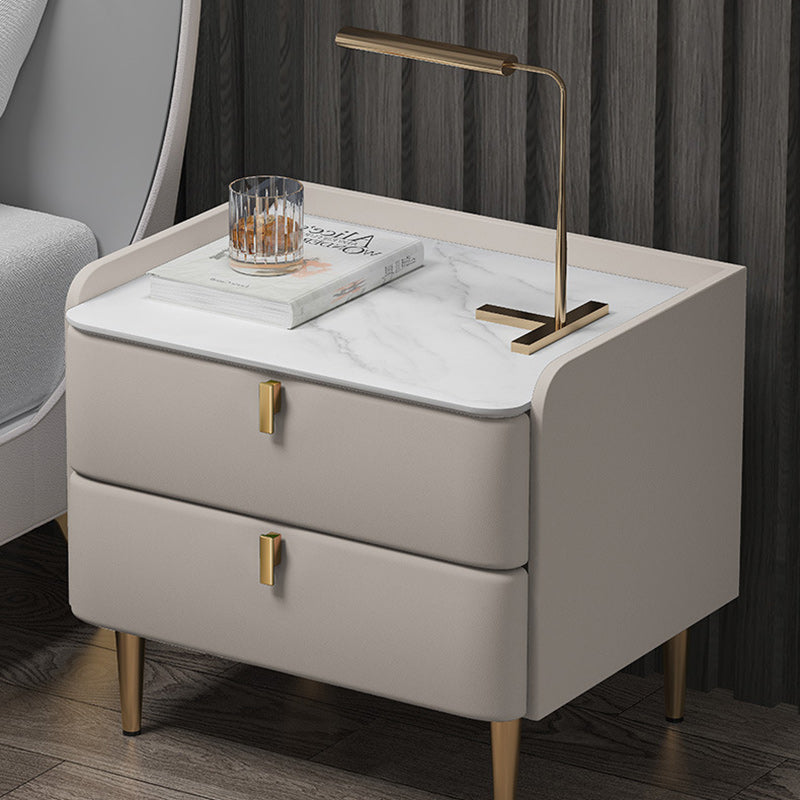 Table de nuit moderne en cuir, bois de pin et acier au carbone avec plateau rectangulaire et 2 tiroirs 