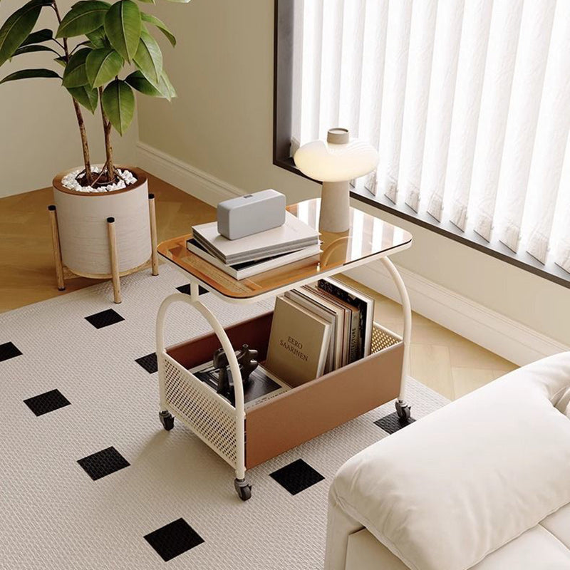Modern Minimalist Rectangular Iron Faux Leather Glass Removable Coffee Table 1-Storage For Living Room