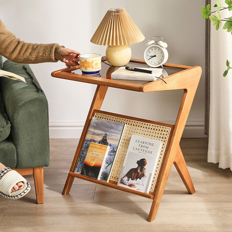 Contemporary Scandinavian Square Rubberwood Solid Wood Glass Side Table For Living Room