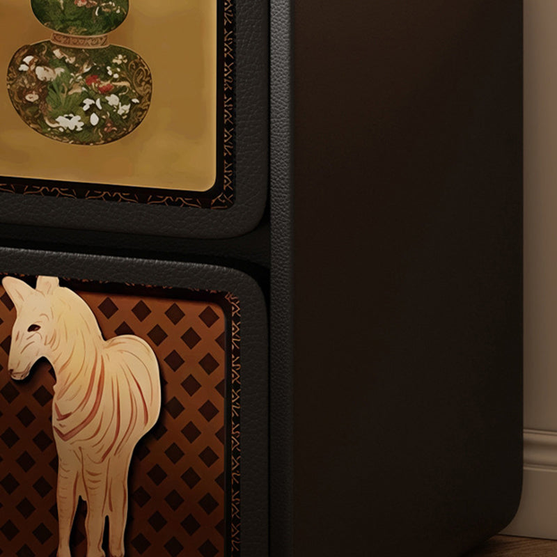 Mesita de noche contemporánea creativa rectangular de panel compuesto con pata de gato de cuero y madera maciza de 2 cajones para el dormitorio 