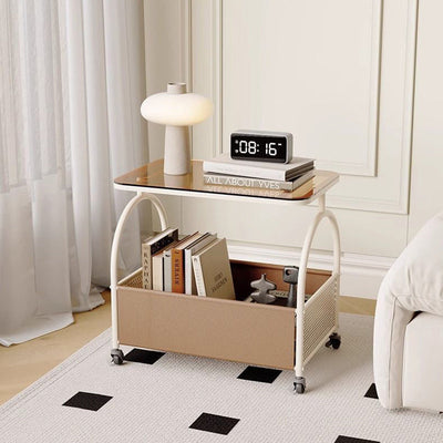 Modern Minimalist Rectangular Iron Faux Leather Glass Removable Coffee Table 1-Storage For Living Room