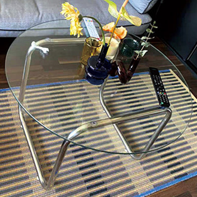 Modern Minimalist Round Glass Stainless Steel Coffee Table 1-Tier For Living Room