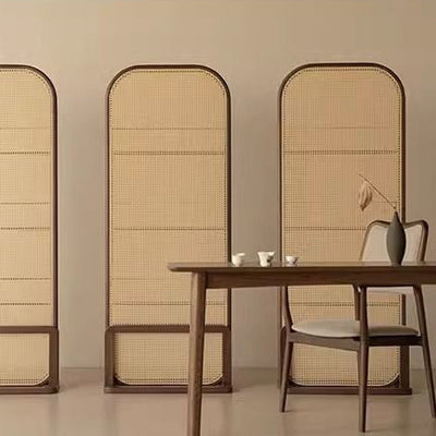 Traditional Chinese Rubberwood Solid Wood PE Rattan Room Divider With 3-Tier Storage Shelf For Living Room