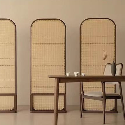 Traditional Chinese Rubberwood Solid Wood PE Rattan Room Divider With 3-Tier Storage Shelf For Living Room