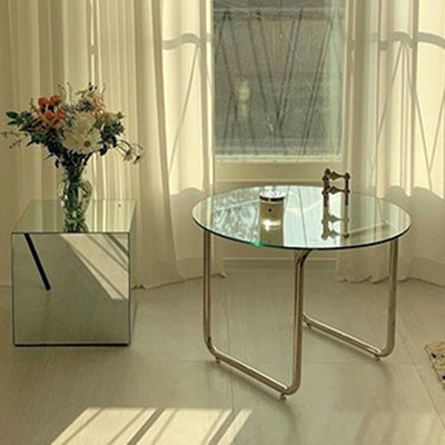 Modern Minimalist Round Glass Stainless Steel Coffee Table 1-Tier For Living Room