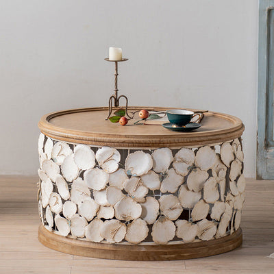 Moderner Art Deco runder Blütenblätter Holz-Eisen-Couchtisch 1-stufig für das Wohnzimmer 
