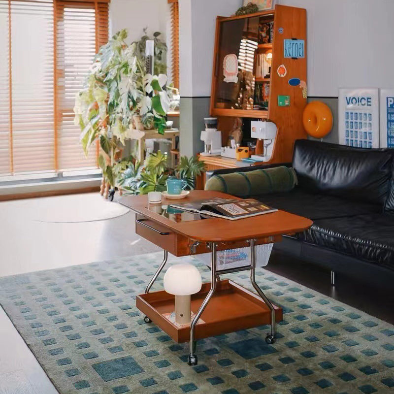 Table basse contemporaine rétro rectangulaire en bois, verre et métal avec 3 rangements pour salon 