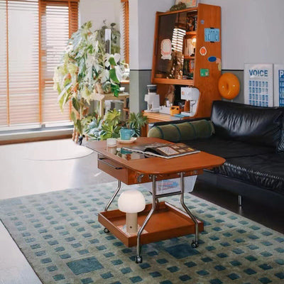 Mesa de café rectangular contemporánea retro de madera, vidrio y metal con 3 almacenamientos para la sala de estar 