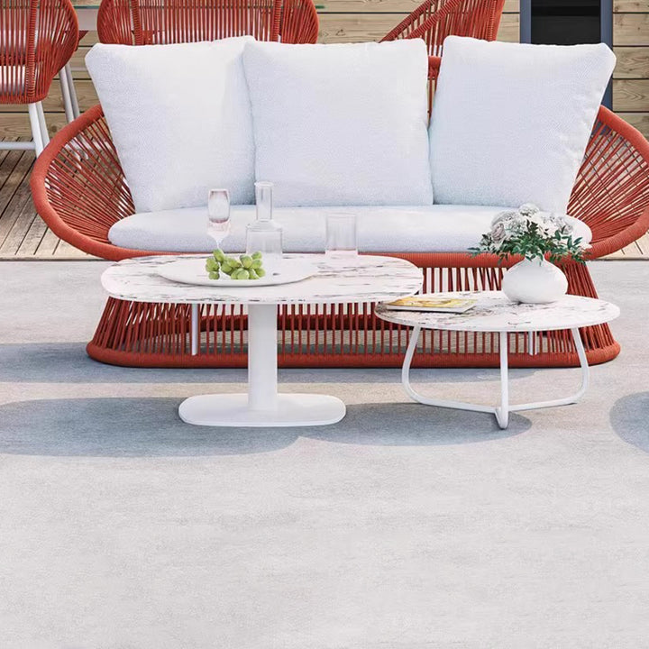 Contemporary Boho Waterproof Weaving Rattan Rope Sponge Aluminum Alloy Slab Round Elliptical Outdoor Coffee Table &amp; Chair Set For Outdoor Patio