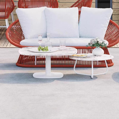 Zeitgenössisches Boho Wasserdichtes Weben Rattan Seil Schwamm Aluminiumlegierung Platte Runde Elliptische Outdoor Kaffetisch & Stuhl Set Für Außenbereich Patio 