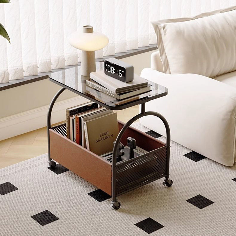 Table basse rectangulaire minimaliste moderne en fer, similicuir, verre amovible avec 1 rangement pour salon 