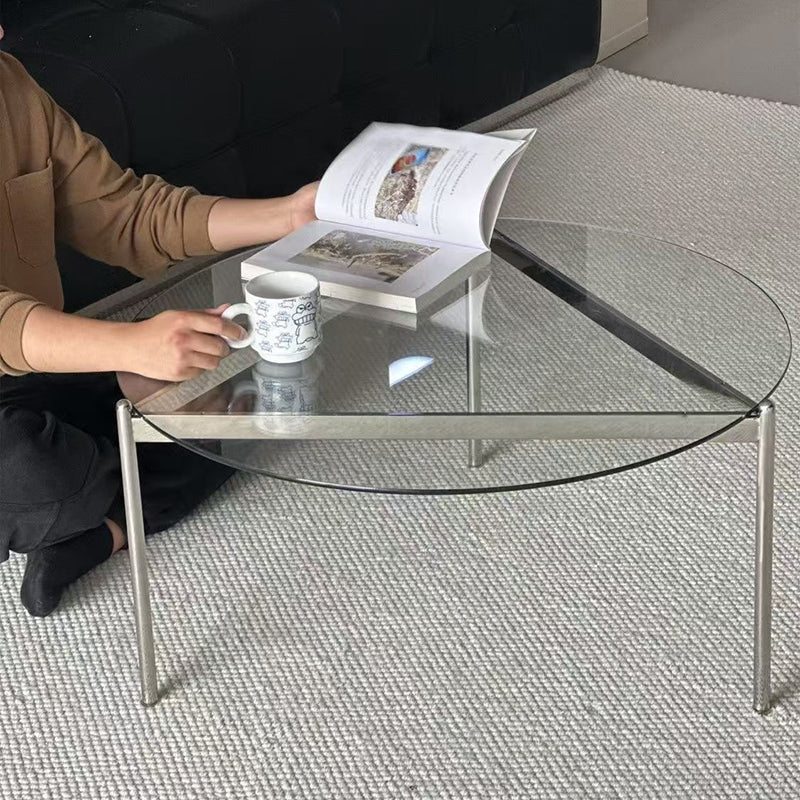 Modern Minimalist Round Triangle Tempered Glass Stainless Steel Coffee Table 1-Tier For Living Room