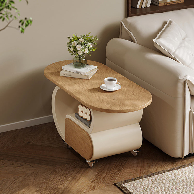 Contemporary Scandinavian Oval Multi-Layer Solid Wood Carbon Steel Movable Side Table 1-Drawer For Living Room