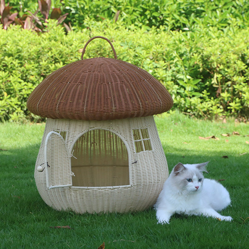 Zeitgenössisches kreatives rundes PP-Rattan handgewebtes pilzförmiges Katzenbett für draußen &amp; Schlafzimmer 