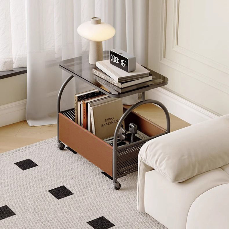Table basse rectangulaire minimaliste moderne en fer, similicuir, verre amovible avec 1 rangement pour salon 