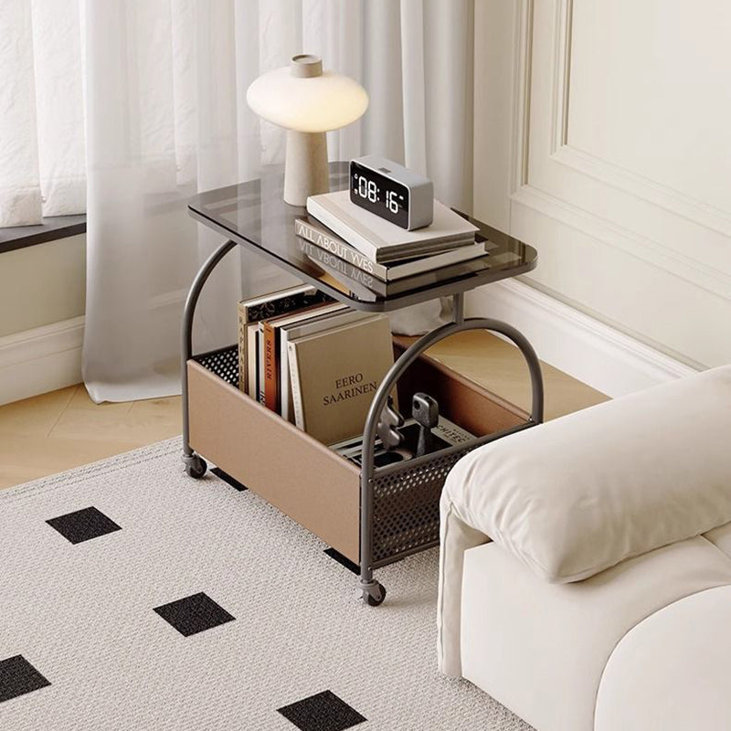 Modern Minimalist Rectangular Iron Faux Leather Glass Removable Coffee Table 1-Storage For Living Room