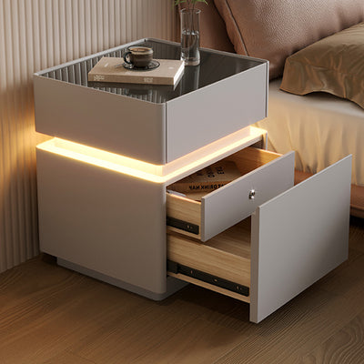 Modern Minimalist Rectangular Glass Microfiber Leather Solid Wood Nightstand 3-Drawer For Bedroom