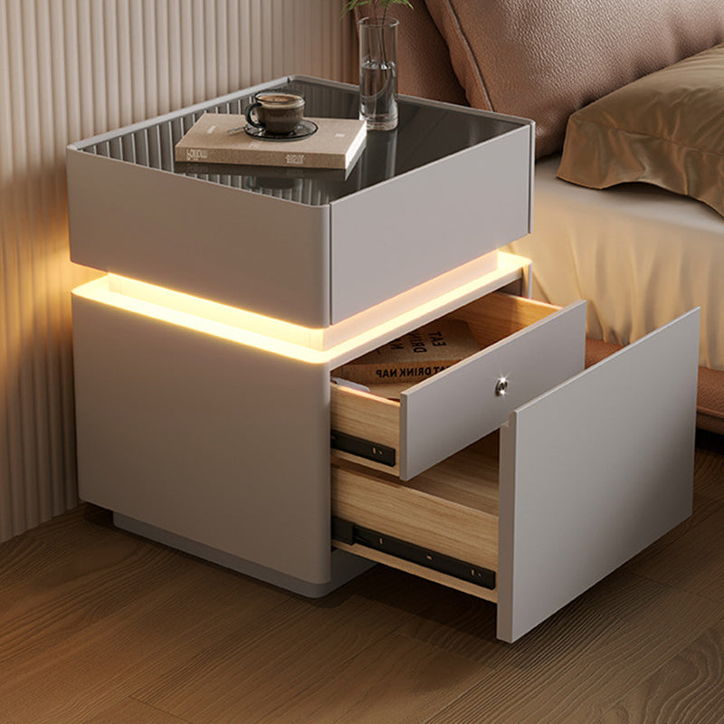 Modern Minimalist Rectangular Glass Microfiber Leather Solid Wood Nightstand 3-Drawer For Bedroom