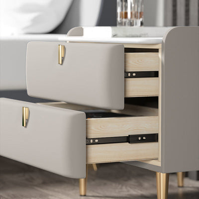Table de nuit moderne en cuir, bois de pin et acier au carbone avec plateau rectangulaire et 2 tiroirs 
