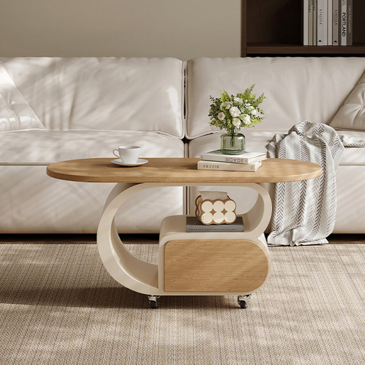 Table d'appoint mobile contemporaine scandinave ovale à plusieurs niveaux en bois massif et acier au carbone, 1 tiroir, pour salon 